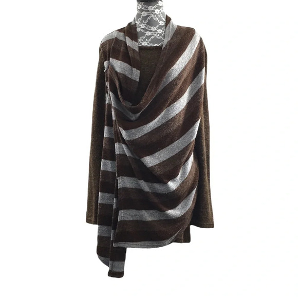 A'reve Brown Gray Striped Knit Sweater Top Womens Large Acrylic Cowl Neck‎ - Picture 1 of 12